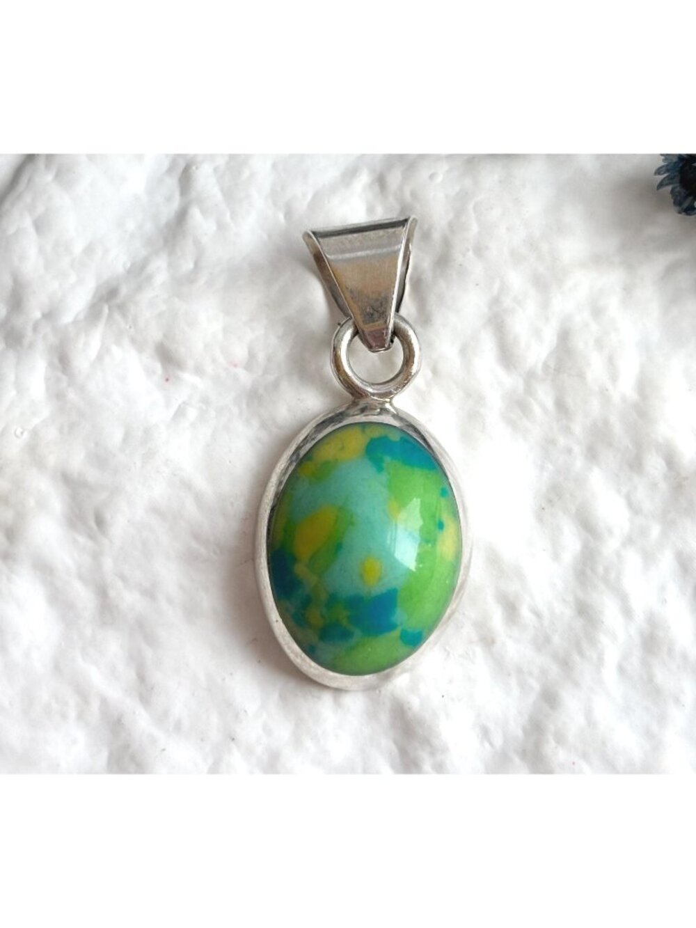 Calsilica Green & Blue Stone Taxco, Mexican Sterling Silver 925 Vintage Pendant